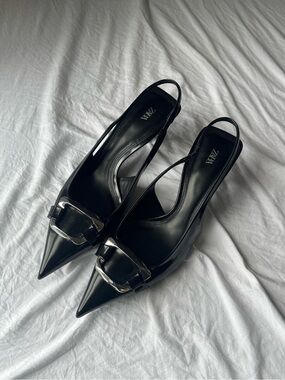 ZARA Black Pointed Slingback Heels with Silver Buckle Detail